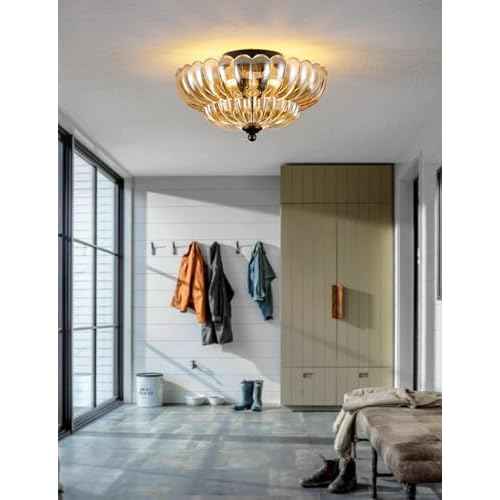 Semi Flush Mount Ceiling Light, Amber Glass Ceiling Light Fixture, 3-Bulb Modern Black Close to Ceiling Light, Vintage Glass Ceiling Lights for Bedroom Kitchen Living Room, Bulb Not Included