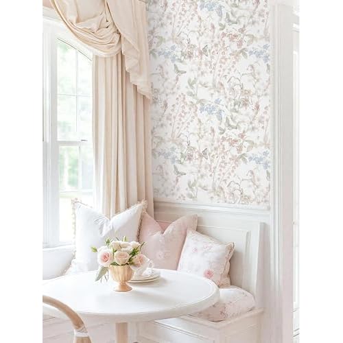 Dimoon 78.7"x17.3" Floral Wallpaper Pink Peel and Stick Wallpaper White Boho Contact Paper Botanical Wildflower Morden Cottage Renter Friendly Bathroom Flower Kitchen Self Adhesive Vinyl Roll