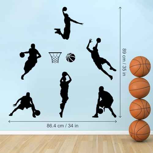 Basketball Dunk Wall Decal Stickers, 6 Man Playing Basketball Vinyl Art Wall Sticker for Bedroom Dorm Room Playroom Stadium Gym Home Decoration