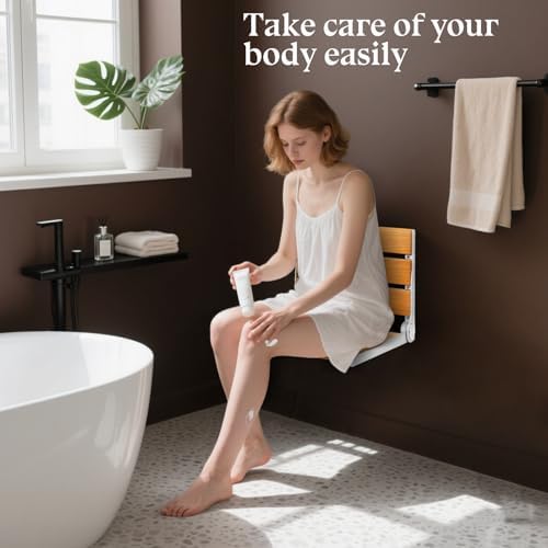 Wall Mounted Shower Seat - 16IN Fold Down Shower Seat with Heavy Duty 400LB Capacity, Non-Slip Shower Benches for Inside Shower, Ideal for Elderly, Disabled & Pregnant Women, 2025 Upgraded Yellow