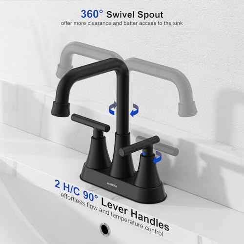 Matte Black Bathroom Sink Faucet, Hurran 4 inch Bathroom Faucets for Sink 3 Hole with Pop-up Drain and Supply Hoses, 360 Swivel Spout Centerset Faucet for Vanity RV Farmhouse, 2 Pack