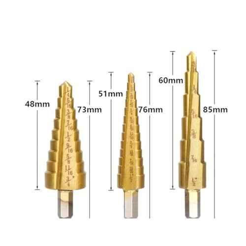 3PCS Step Drill Bit Set - Titanium Coated, High Speed Steel Drill Cone Bits for Sheet Metal Hole Drilling Cutting, Multi Size Hole Stepped Up Unibit for DIY Lovers