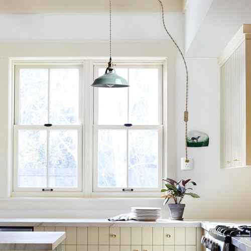 YUBOLE Modern Macaron Plug-in Plendant Light,10.6-Inch Hanging Light Fixtures with Metal Barn Shade Adjustable 17.06 Feet Plug Cord Pendant for Kitchen Bar Dining Bedroom,Sea Blue