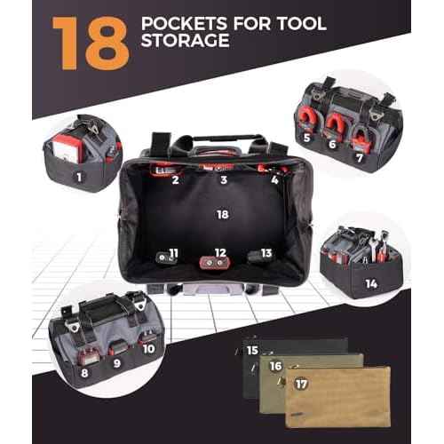 DELIXI Tool Bag 13-Inch + 3 Pack Utility Zipper Tool Pouches (18 Pockets), 1680D Oxford Fabric Tool Box Organizer with Shoulder Strap, Multipurpose Storage for Mechanic, Electrician, DIY, Gift