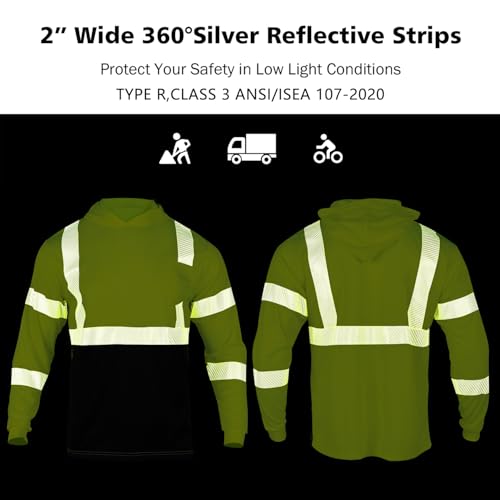 VENDACE 3pcs Safety Reflective High Visibility Long Sleeve ANSI Class 3 Hi Vis Construction Work T Shirts for Men with Hood
