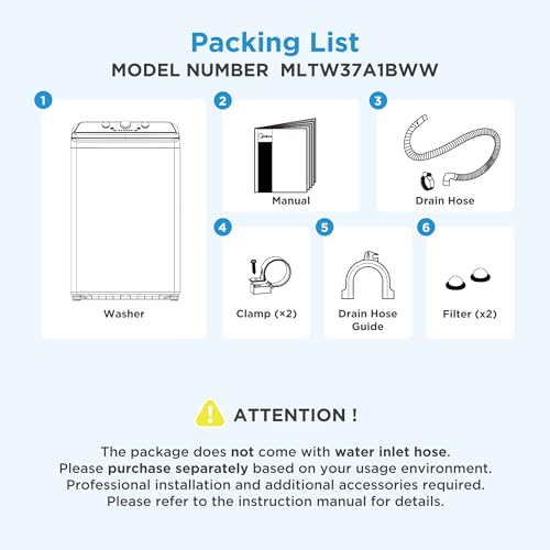 Midea MLTW37A1BWW Agitator Machine, Auto Top Load Sensing Washer, 12 Washing Cycles, Dial Control Panel, 3.7 Cu.ft, White