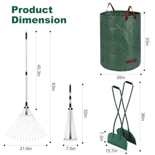 Leaf Grabber and Adjustable Metal Rake Set with Long Handle, 79-Gallon Reusable Yard Waste Bags & Gloves ? Complete Leaf Collector Tool Kit