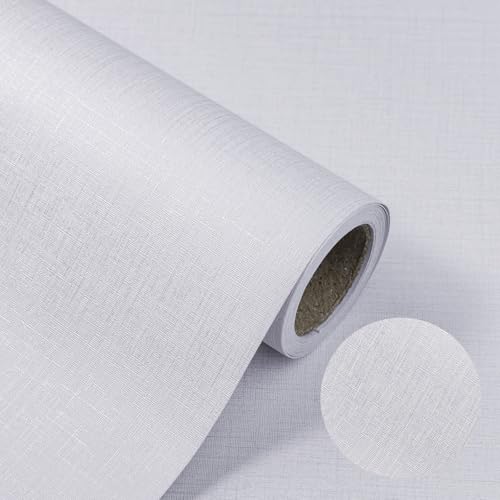 White Wallpaper Grasscloth Peel and Stick Wallpaper 15.7"x 118" Fabric Contact Paper Modern Textured Linen Wallpapers Self-Adhesive Vinyl Removable Waterproof for Bed Room Living Room Cabinets
