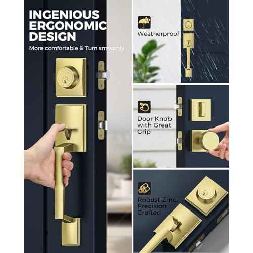 Front Door Handle and Deadbolt Set, Gold Front Door Lock Set with Modern Knob, Exterior Entry Lock with Adjustable Single Cylinder Deadbolt, Reversible for Right & Left