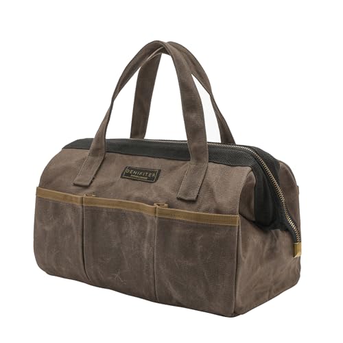 Tool Bag, 13-inch Heavy Duty 16oz Waxed Canvas Wide Mouth Water-Resistant Tool Bag, Tool Tote with Handle for Tools, Wrenches, Screwdrivers (13 X 7.8 X 9 inch) | Grey