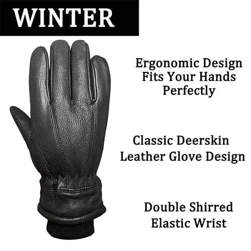 SKYDEER 100% Full Grain Deerskin Leather Winter Gloves for Men, Warm Work Gloves, Thermal Insulated Truck Driving Gloves