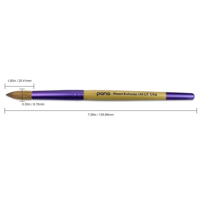 PANA Pure Kolinsky Hair Acrylic Nail Brush - Round Shape Purple Ferrule with Beige Wood Handle (Size 16) - Nail Brush for Acrylic Nail Application, Nail Extension, Manicure Pedicure Salon Beginner and