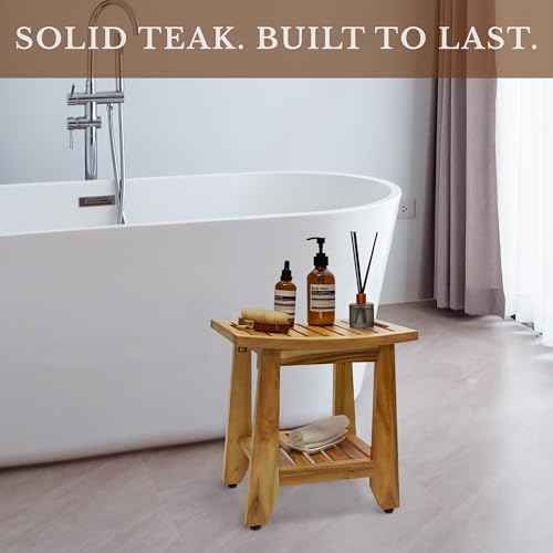 Teak Shower Bench Stool, 14'' Compact Waterproof Wood Spa Bath Bench with Storage Shelf & Handle, Non-Slip Solid Teak Shower Seat Chair for Small Bathrooms Inside Shower and Outdoor Use