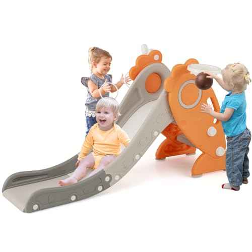 BABY JOY Toddler Slide for Kids, 4 in 1 Indoor Foldable Kids Slide w/Climber, Basketball Hoop & Ring Toss, Folding Climber Playset Baby Freestanding Playground