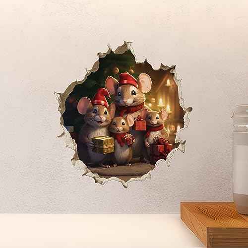 Christmas Family Mouse Hole Decal - Holidy Mice Sticker with 3D Effect