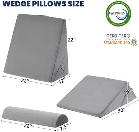 BDEUS 3PCS Wedge Pillows for Sleeping Bed Wedge Pillow 9&12 Inch Adjustable Triangle Pillow Wedge with Premium Half-Moon Memory Foam Bolster Pillow