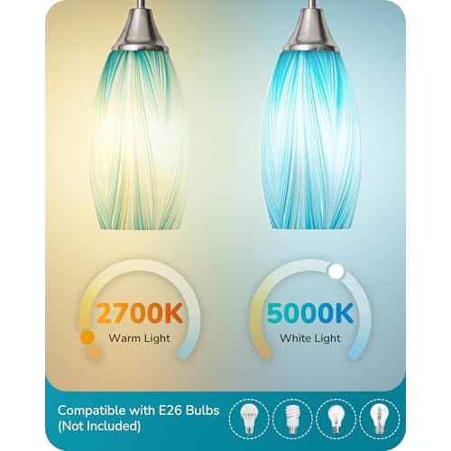 EDISHINE Pendant Lights Kitchen Island, Blue Handcrafted Art Glass Hanging Light, Blown Glass Pendant Light Fixtures Teal with Gold, Adjustable Brushed Nickel Rods, Hardwired Over Island Bar E26
