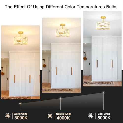 Modern Crystal Ceiling Light, Brushed Gold Semi Flush Mount Ceiling Lighting Fixture, Brass Hallway Light Fixtures Chandelier for Kitchen, Bedroom Dining Room Hallway Closet, 3-Light, 12 Inch