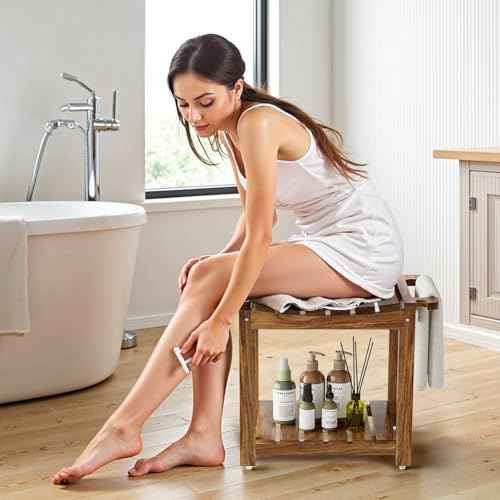 Shower Benches for Inside Shower to Sit on, Acacia Wood Bathroom Bench with Storage, Waterproof Shower Seat for Inside Shower, with Handles & Shower Head Holder, No-Slip