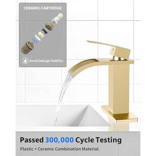 Waterfall Bathroom Faucets Single Hole Sink Faucet for 1 or 3 Hole Single Handle Vanity Basin with Deck Plate,with Pop-up Drain&Supply Lines,Brushed Gold