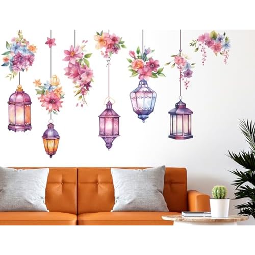 Hanging Flower Vine Wall Stickers Floral and Lamp Peel and Stick Wall Art Decals Flower Vine Wall Decor for Living Room Bedroom TV Background Spring Party Decoration