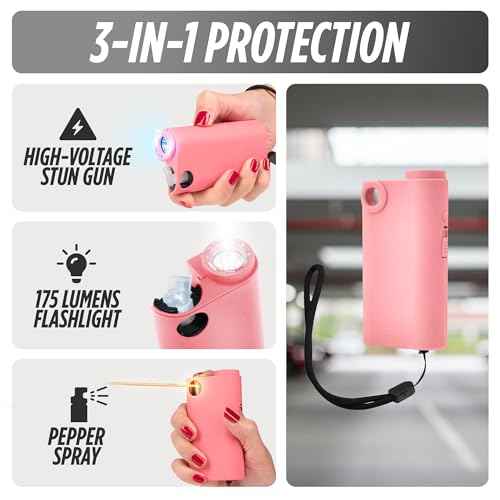Pepper Spray and 3-in-1 Stun Gun with Flashlight, Self Defense Kit for Women, Protection for Men, 175 Lumens Flashlight, 1.44 MC Formulation, OC Spray 16 ft Range, Rechargeable