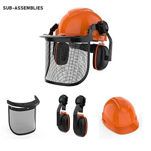 GardenPal Industrial Forestry Safety Helmet and Hearing Protection System, with Mesh Face Protection, Safety Helmet with Ear Muffs, Chainsaw Helmet, Chainsaw Face Shield, (Orange)