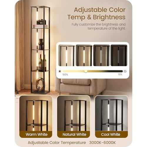 64.2" Display Shelf with Light, Modern Corner Floor Lampe with Shelves, LED Dimmable Standing Lamp with Remote for Living Room, Bedroom, Office, Adjustable CCT, Black Square B51LD05