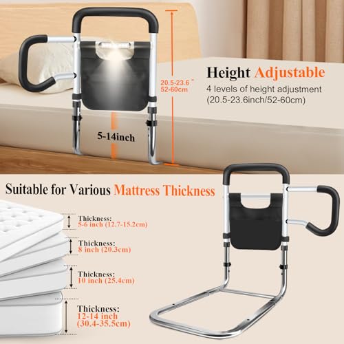 Bed Rails for Elderly Adults Safety, Adjustable Height Bed Guard Rails with Night Motion Light for Seniors, Carbon Steel Bed Assist Rails for Queen King Size Bed (Patent Pending)