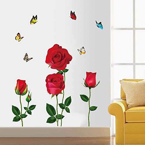 Romantic Red Rose Flower Wall Stickers Butterfly Floral Wall Decals DIY Wall Art Murals for Girls Woman Wedding Room Bedroom Bedside Backdrop Decorations