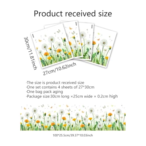 4 Sheets PVC Removable Dandelion Flower Wall Stickers, 40"¡¿10" Floral Decals for Bedroom, Kids Room, Bathroom, Classroom, Glass & Bulletin Boards, Double-Sided