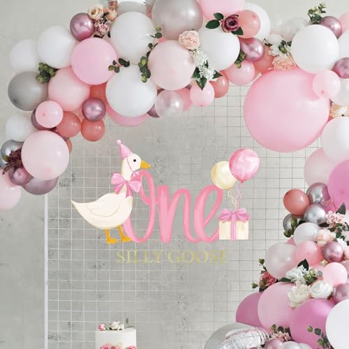 One Silly Goose Party Decal Sign Pink First Birthday Wall Sticker Pink Bow Goose Sweet Party Backdrop Photo Prop for 1st Girl Birthday Balloon Arch