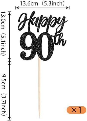 Rsstarxi 1 Pack Happy 90th Birthday Cake Topper Glitter Cheers to 90 Years Hello 90 Fabulous Cake Pick for Men Women Happy 90th Birthday Anniversary Party Cake Decorations Black