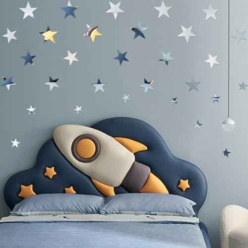 80 Pcs Silver Stars Acrylic Mirror Wall Stickers with Adhesive Art Decal Satin Paper Baby Kids Bedroom Home DIY Decor Removable Stickers