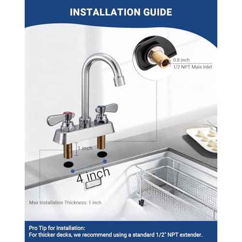 Commercial Kitchen Faucet 4" Center Deck Mount Commercial Bar Hand Sink Faucet with 3-1/2" Gooseneck Spout 2 Lever Handles Laundry Tub Utility Sink Faucet, Brass, Ceramic Valve