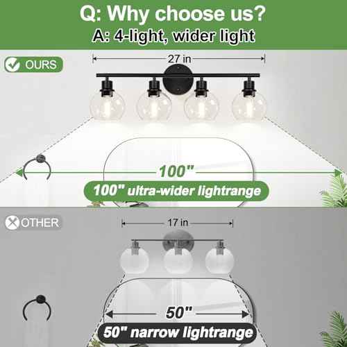 2025 Upgrade 4-Light Bathroom Light Fixtures, Black Bathroom Lights Over Mirror with Clear Glass Globe Shade, Vanity Lights for Bathroom Kitchen Living Room Hallway Cabinet Bedroom Porch