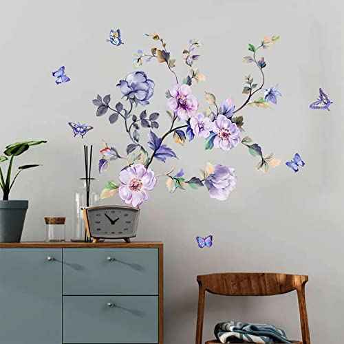 hanlongyu Purple Flower Wall Decals, Removable Fresh Flower Wall Stickers Peel and Stick Removable DIY Floral Butterflies Decals Tree Leaves Plant Wall Art Stickers Murals for Home Decor