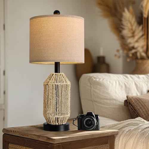 OYEARS 21" Boho Table Lamps Set of 2 for Living Room, Bedside Lamps for Nightstand, Rattan Lamp for Bedroom, Farmhouse Table Lamps for Boho Decor, End Table, Retro, Black