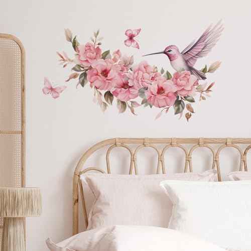 Pink Hummingbird Butterfly Flower Wall Stickers, sacinora Peach Blossom Peony Bird Wall Decals Removable Vinyl Peel and Stick for Girl Woman Nursery Living Room Bedroom Art Decorations
