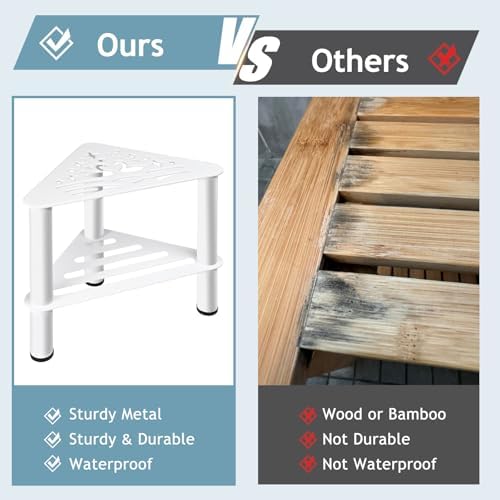 Corner Shower Stool for Shaving Legs - Metal Foot Rest Bench with Storage Shelf, Waterproof Non-Slip Chair for Bathroom Spa, White