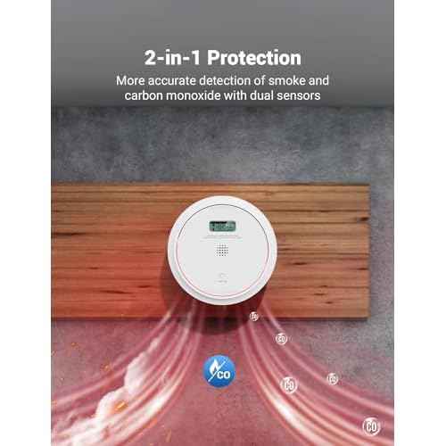 Smoke and Carbon Monoxide Detector Combo 10 Year Battery, Dual Sensor Smoke Alarm Carbon Monoxide Detector with LCD Display for Home, 1 Pack