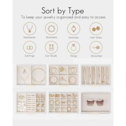 Vlando 6 Layer Jewelry Box for Women, Glass Lid Jewelry Organizer with 6 Drawers for Necklaces Rings Earrings Bracelets - Cloud White