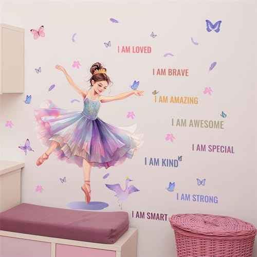 Lovely Dancing Ballet Girl Inspirational Quotes Wall Stickers, sacinora Butterfly Motivational Wall Decals Removable Vinyl Peel and Stick for Teens Girls Kids Nursery Bedroom Children¡¯s Room Art Decor