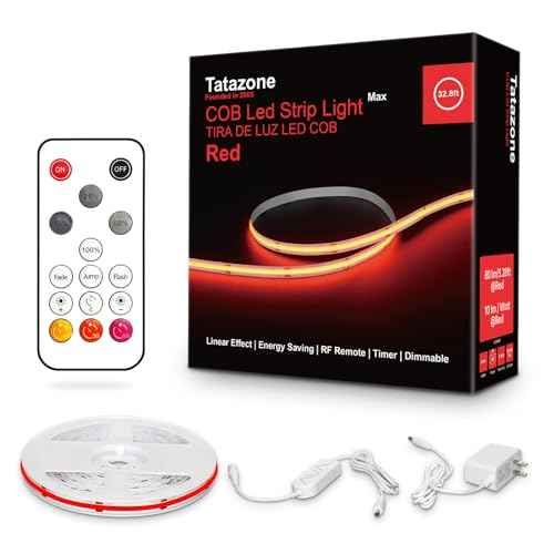 32.8ft Red COB Led Strip Lights with RF Remote, Dimmable Bright Dotless Adhesive Indoor Led COB Light Strip for Cabinet, Painting, Room, Bed