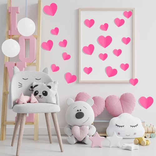 JOICEE 100 PCS 3D Pink Heart Valentine Day Wall Stickers,Waterproof Removable Love Heart Wall Decorations for Bedroom Wedding Anniversary Party Holiday Decor,4 Different Sizes