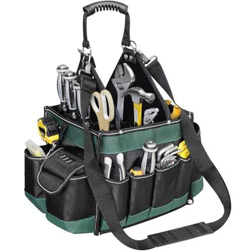 Open Top Tool Bag 15 Inch, Electrician Tool Bag with 22 Pockets, 25L Tool Bags for Men with Shoulder Strap & Reflective Strips, 1680D Waterproof Fabric, Green