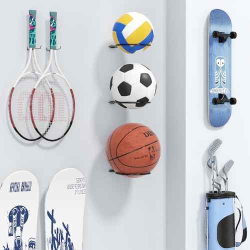 Ball Holder Wall Mount Set ?Sports Ball Racks for Basketball, Soccer, Volleyball, Football ? Wall Storage & Display for Sports Room