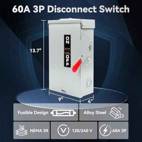 60 Amp Disconnect Box, 3 Pole Fusible Safety Switch, 110/240V, Heavy Duty Metal Structure, Reserved Knout-Outs Design, NEMA 3R Enclosure for Outdoor, 10-Year Warranty, Ideal for Commercial Application