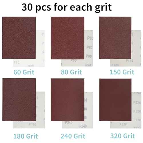 1/4 Sheet Sandpaper 5.5" x 4.5" Hook and Loop Sandpaper 60 Grit Sandpaper for Palm Sander 30 PCS Aluminum Oxide Sanding Sheets Hand Sanding Blocks for Metal, Woodworking and Polishing (60 grit)