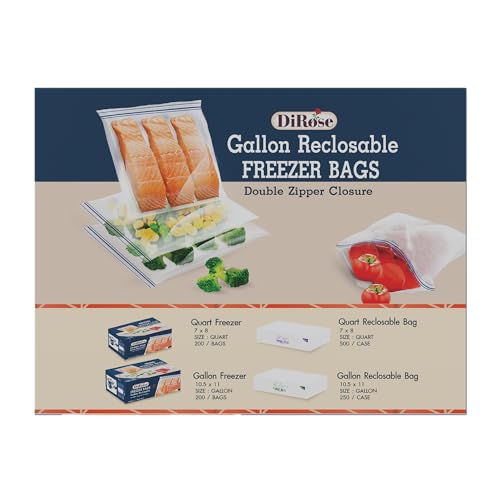 DiRose Reclosable Freezer Bags - 1 Gallon Size (200 Pack) | Double Zipper, Airtight Seal, BPA-Free, Premium Thick Heavy-Duty Bags for Safe and Secure Food Storage